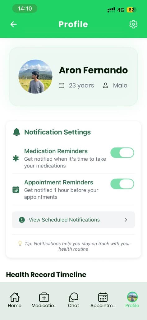 MedBuddy notification settings on the profile screen